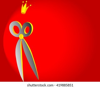 Scissors with a golden crown on a red background