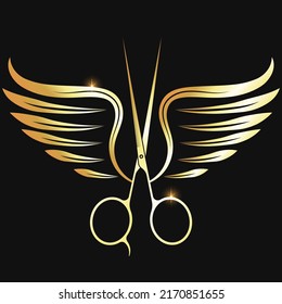 Scissors and golden wings hair stylist symbol. Beauty salon and barbershop