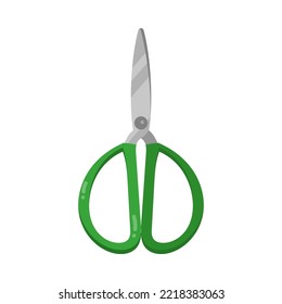 Scissors with green handle cartoon illustration. Steel equipment for trimming or hairdressers, closed shears, paper cutting tool for stationery, hair cutters on white background. Craft concept