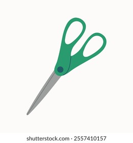 Scissors with green handle for cutting paper. Hand drawn vector illustration isolated on white background. Modern flat cartoon style.
