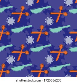 Scissors, hair brush coronavirus vector seamless pattern background. Neon orange, blue, purple hairdressing tools sketch Covid 19 backdrop. All over print for quarantine, isolation hair care concept.