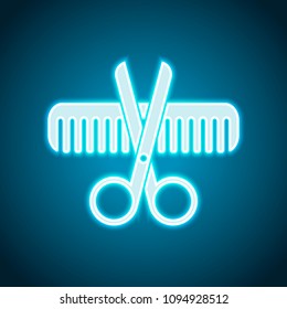 Scissors and hair brush. Crossed tools of barber. Neon style. Light decoration icon. Bright electric symbol