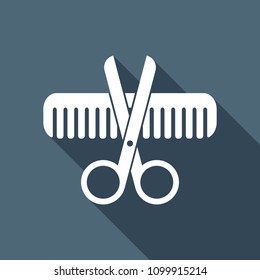 Scissors and hair brush. Crossed tools of barber. White flat icon with long shadow on background