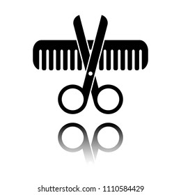 Scissors and hair brush. Crossed tools of barber. Black icon with mirror reflection on white background