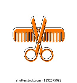 Scissors and hair brush. Crossed tools of barber. Isolated icon consisting of black thin contour and orange moved filling on different layers. White background