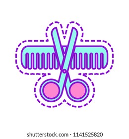 Scissors and hair brush. Crossed tools of barber. Colored sketch with dotted border on white background