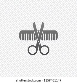 Scissors and hair brush. Crossed tools of barber. On grid background