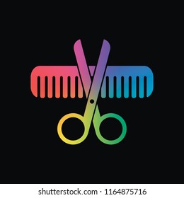 Scissors and hair brush. Crossed tools of barber. Rainbow color and dark background