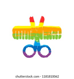 Scissors and hair brush. Crossed tools of barber. Drawing sign with LGBT style, seven colors of rainbow (red, orange, yellow, green, blue, indigo, violet