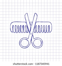 Scissors and hair brush. Crossed tools of barber. Hand drawn picture on paper sheet. Blue ink, outline sketch style. Doodle on checkered background