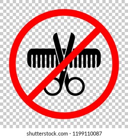 Scissors and hair brush. Crossed tools of barber. Not allowed, black object in red warning sign with transparent background