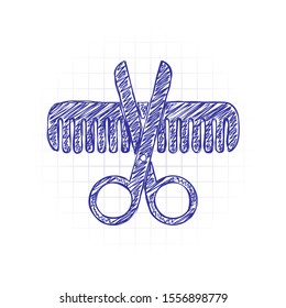 Scissors and hair brush. Crossed tools of barber. Hand drawn sketched picture with scribble fill. Blue ink. Doodle on white background