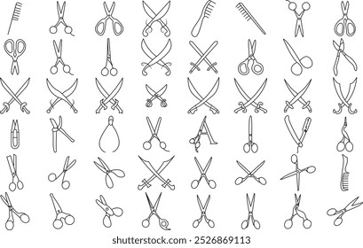Scissors, hair comb, Medieval knife icon set for design. Thin line art editable stroke.