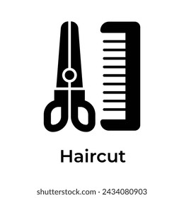 Scissors and hair comb showing concept icon of haircut in trendy style