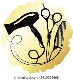 Scissors, hair dryer and comb with a lock of hair. Symbol for beauty salon and hair stylist