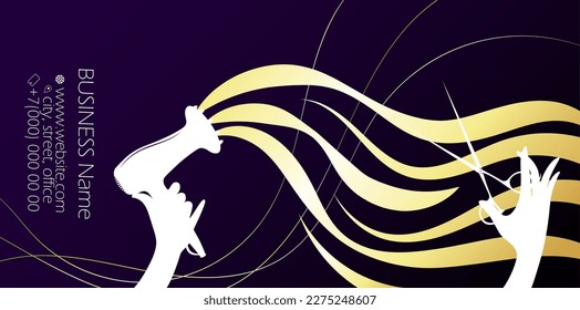 Scissors and hair dryer in the hands of a stylist, golden flowing hair. Business card concept for a beauty and hair salon