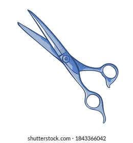 Scissors for hair stylist, barber hand drawn icon. Hairdresser cutting tool, equipment. Toiletry. Hairdressing salon, barbershop supply. Vector illustration isolated on white background.