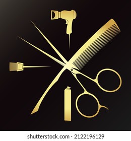 Scissors and hairbrush golden stylist symbol. Hair salon and beauty salon sign for business