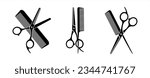 Scissors and hairbrush graphic icon set. Sign crossed scissors and hairbrush isolated on white background. Barbershop symbols. Vector illustration 10 eps.
