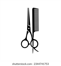 Scissors and hairbrush graphic icon set. Sign crossed scissors and hairbrush isolated on white background. Barbershop symbols. Vector illustration icon.