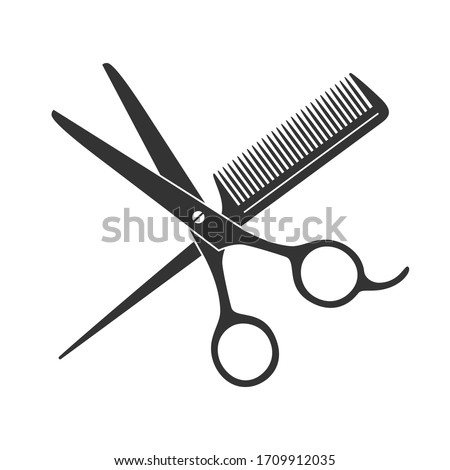 Scissors and hairbrush graphic icon. Sign crossed scissors and hairbrush isolated on white background. Barbershop symbols. Vector illustration Stockfoto © 