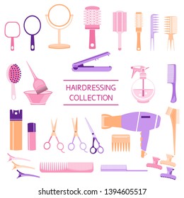 Scissors, hairbrush, hair dryer, mirror, round brush, hair spray, hair straightener, styling professional barbershop tools and equipment of hairdressing salon. Beautiful fashion collection.