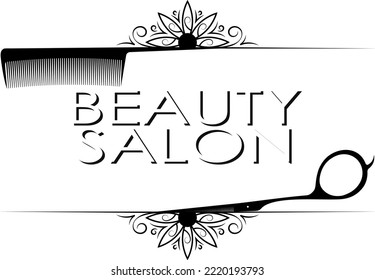Scissors and hairbrush with a pattern. Hair salon symbol for business