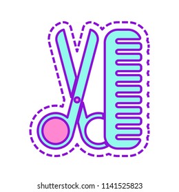 Scissors and hairbrush. Tools of barber. Colored sketch with dotted border on white background