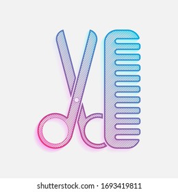 Scissors and hairbrush. Tools of barber. Colored logo with diagonal lines and blue-red gradient. Neon graphic, light effect