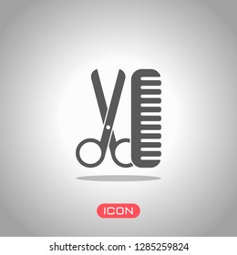 Scissors and hairbrush. Tools of barber. Icon under spotlight. Gray background