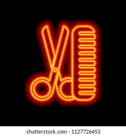 Scissors and hairbrush. Tools of barber. Orange neon style on black background. Light icon