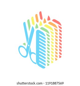 Scissors and hairbrush. Tools of barber. Stack of colorful isometric icons on white background