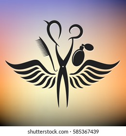 Scissors and hairbrush wings, the symbol for hairdressers