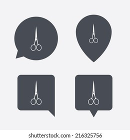 Scissors hairdresser closed icon. Tailor symbol. Map pointers information buttons. Speech bubbles with icons. Vector