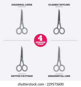 Scissors hairdresser closed icon. Tailor symbol. Diagonal and horizontal lines, classic outline, dotted texture. Pattern design icons.  Vector