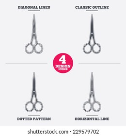 Scissors hairdresser closed icon. Tailor symbol. Diagonal and horizontal lines, classic outline, dotted texture. Pattern design icons.  Vector