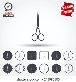 Scissors hairdresser closed icon. Tailor symbol. Circle, star, speech bubble and square buttons. Award medal with check mark. Thank you. Vector