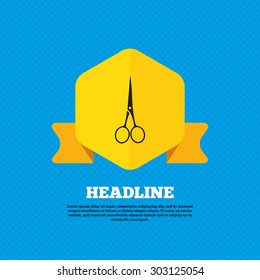 Scissors hairdresser closed icon. Tailor symbol. Yellow label tag. Circles seamless pattern on back. Vector