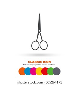 Scissors hairdresser closed icon. Tailor symbol. Classic flat icon. Colored circles. Vector
