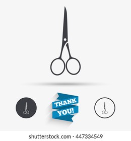 Scissors hairdresser closed icon. Tailor symbol. Flat icons. Buttons with icons. Thank you ribbon. Vector