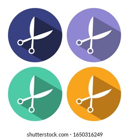 Scissors hairdresser sign icon. Tailor symbol. Circle buttons with long shadow. 4 icons set. Vector
