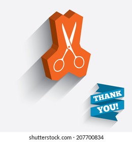 Scissors hairdresser sign icon. Tailor symbol. White icon on orange 3D piece of wall. Carved in stone with long flat shadow. Vector