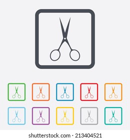 Scissors hairdresser sign icon. Tailor symbol. Round squares buttons with frame. Vector