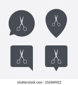 Scissors hairdresser sign icon. Tailor symbol. Map pointers information buttons. Speech bubbles with icons. Vector