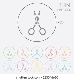 Scissors hairdresser sign icon. Tailor symbol. Thin line circle web icons with outline. Vector
