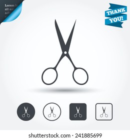 Scissors hairdresser sign icon. Tailor symbol. Circle and square buttons. Flat design set. Thank you ribbon. Vector