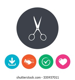 Scissors hairdresser sign icon. Tailor symbol. Download arrow, handshake, tick and heart. Flat circle buttons.