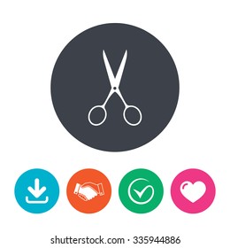 Scissors hairdresser sign icon. Tailor symbol. Download arrow, handshake, tick and heart. Flat circle buttons.