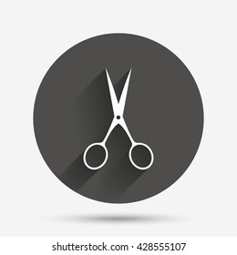 Scissors hairdresser sign icon. Tailor symbol. Circle flat button with shadow. Vector