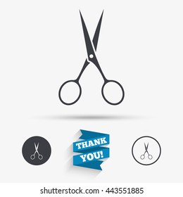 Scissors hairdresser sign icon. Tailor symbol. Flat icons. Buttons with icons. Thank you ribbon. Vector